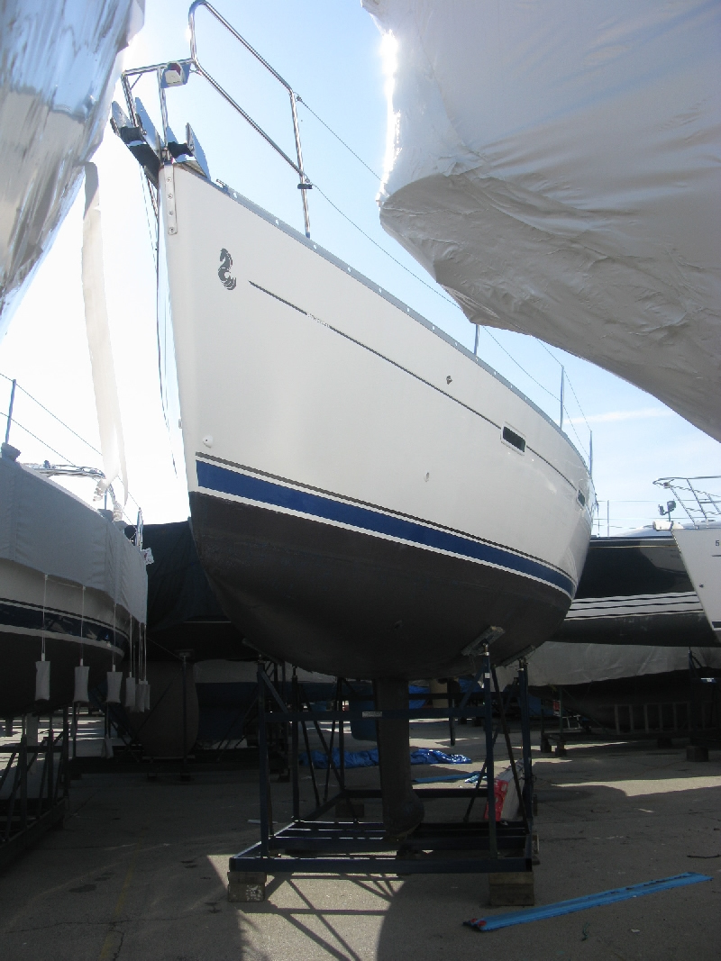 Beneteau 393, Hull Bow View on Dry, Steel Cradle